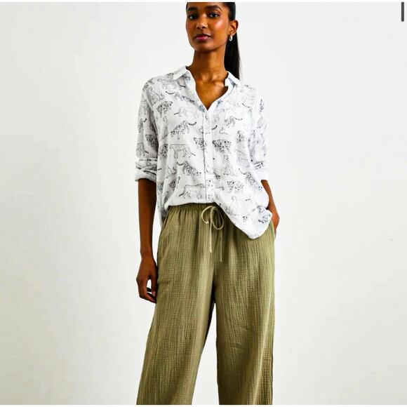 Cynthia Rowley Anthropologie Womens 100% Linen Blouse - White Black, Size XL - Picture 7 of 7